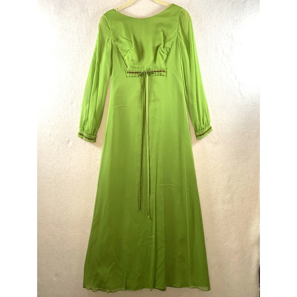 Vintage 60s 70s Chiffon Maxi Dress Green Regency Royalcore Velvet Bow ILGWU